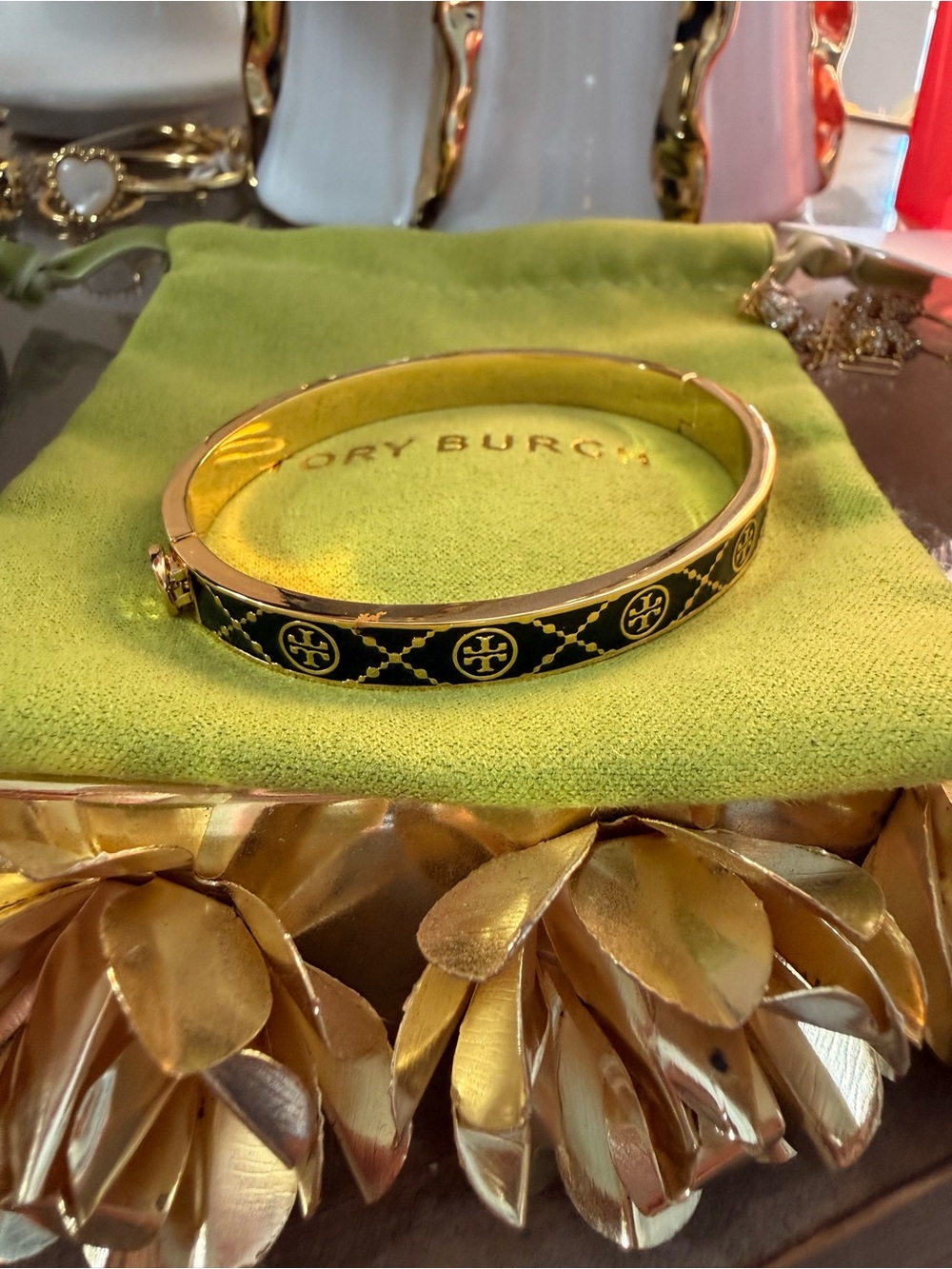 Tory Burch Black and Gold Logo Enamel Hinged Bangle